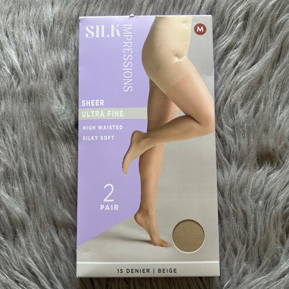 Silk Impressions Ultra Fine Sheer Tights Womens Size Medium Beige High Waisted